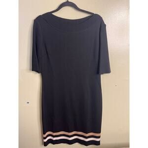 St. John Wool Knit Midi Sheath Dress in black with a striped hem, size 12
